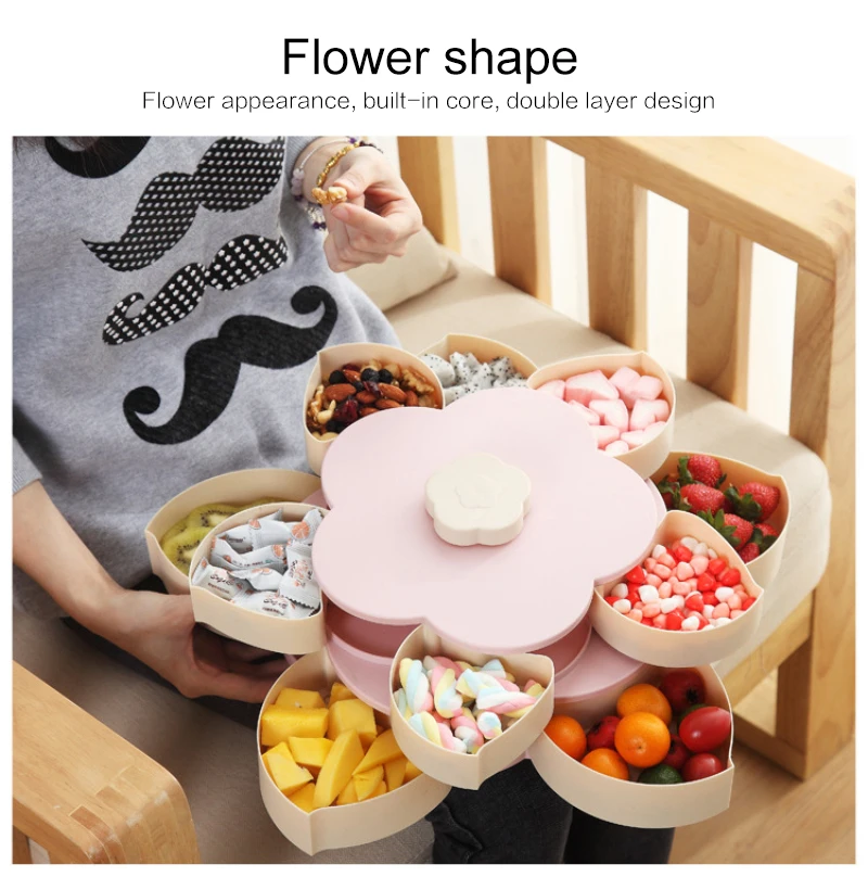 

Creative Rotating snack Box pink/blue Petal Double Single Layer Fruit Plate Divided Snack candy Fruit nuts Bowl kitchen supplies