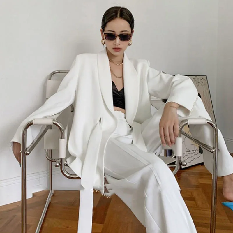 

M GIRLS Elegant White Blazer For Women Notched Long Sleeve Tunic Sashes Solid Minimalist Blazers Female Fashion New Spring