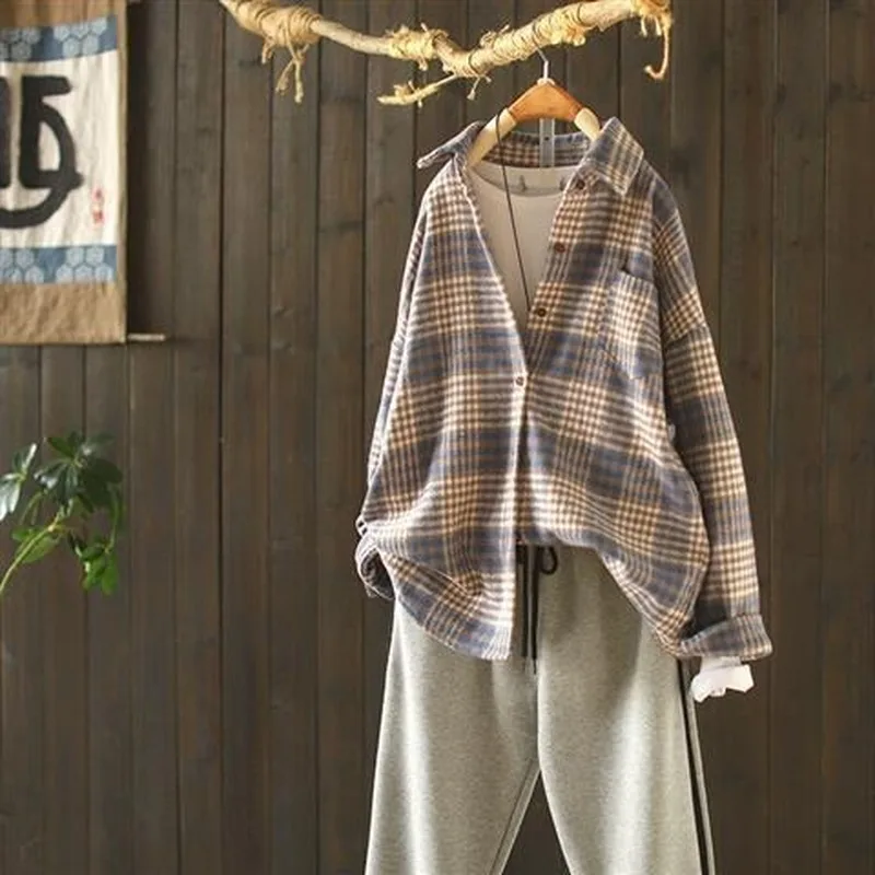 Рубашки женские в клетку винтажные повседневные универсальные однобортные