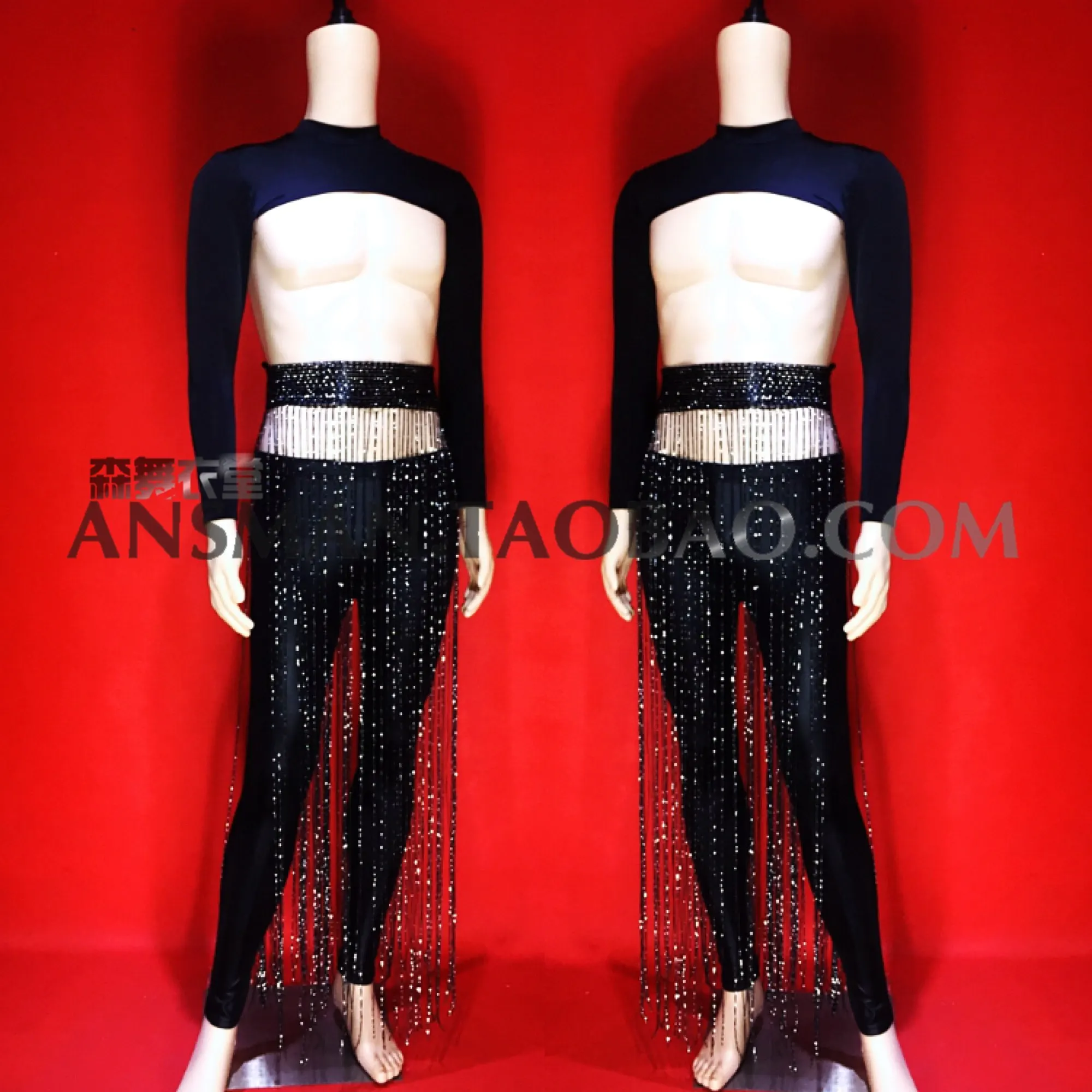 Personality Lady Clothes Set Top+Pants+Tassel Belt 3pcs Bar Nightclub Male Female Singer Party Fluorescent Perspective Costume