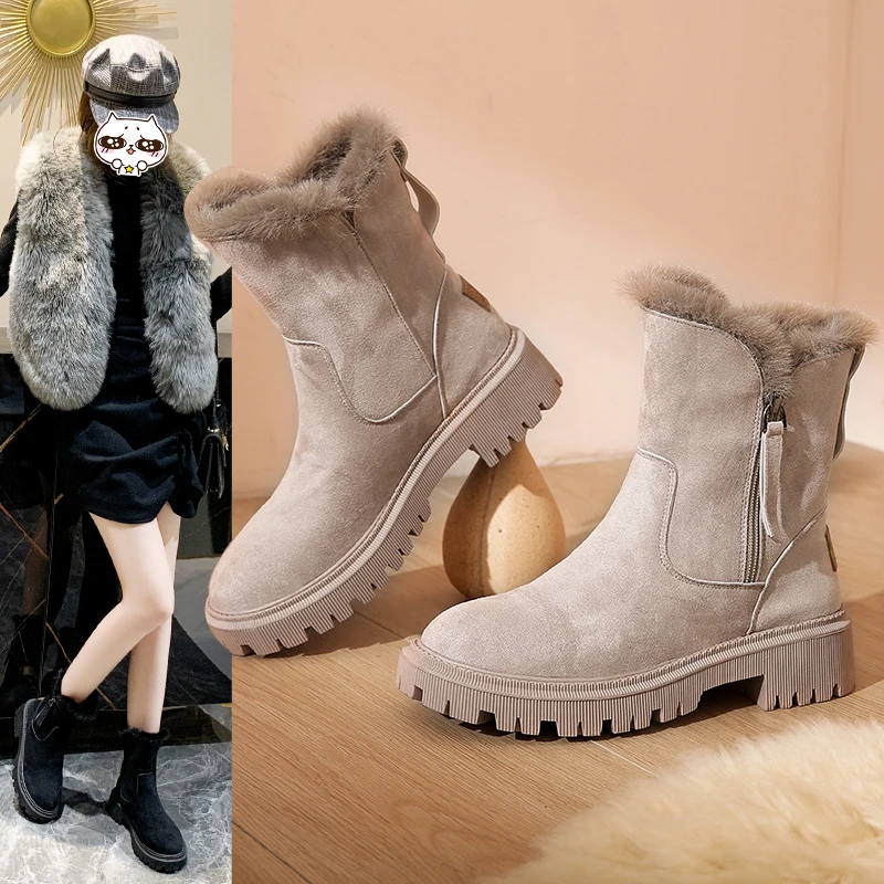 NEW Snow Boots Women 2023 Winter Warm Fashion Designer Platform Boots Gladiator Non-slip Short Plush Flats Suede Shoes Mujer
