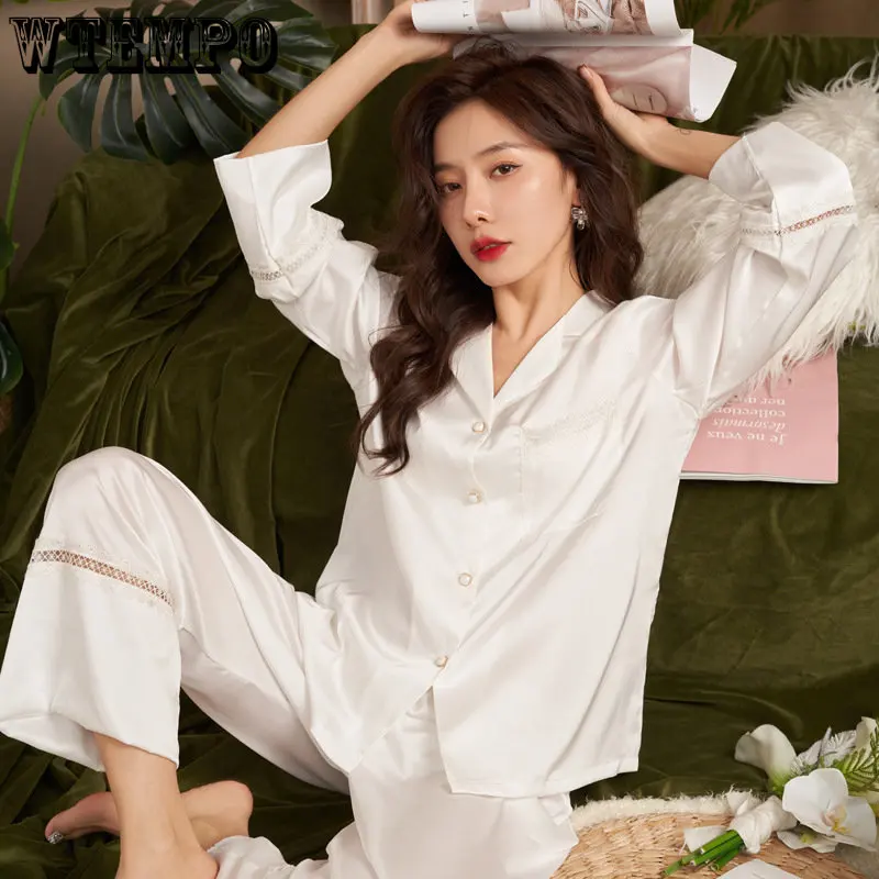 

Женский пижамный комплект из двух предметов, однотонный кружевной простой домашний костюм из рубашки с длинным рукавом и брюк