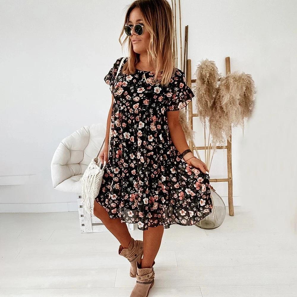 

Summer Women's Casual Floral Print Dress Boho Short Sleeve Woman Fashion ​Female Loose Ruffles Mini Dresses For Robe Femme