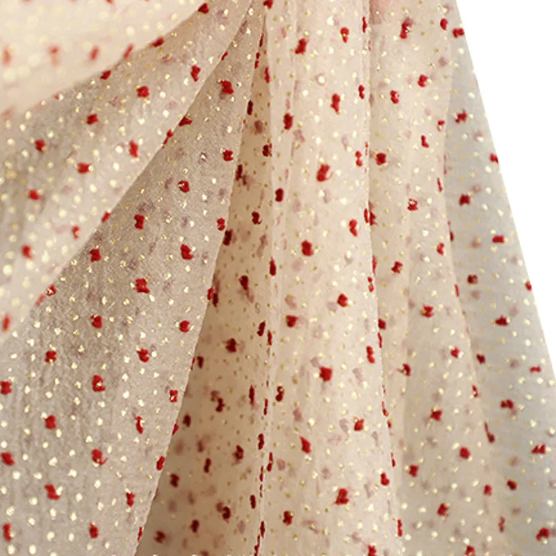 Прозрачная фототкань в красный и бежевый горошек сетчатая ткань Золотой