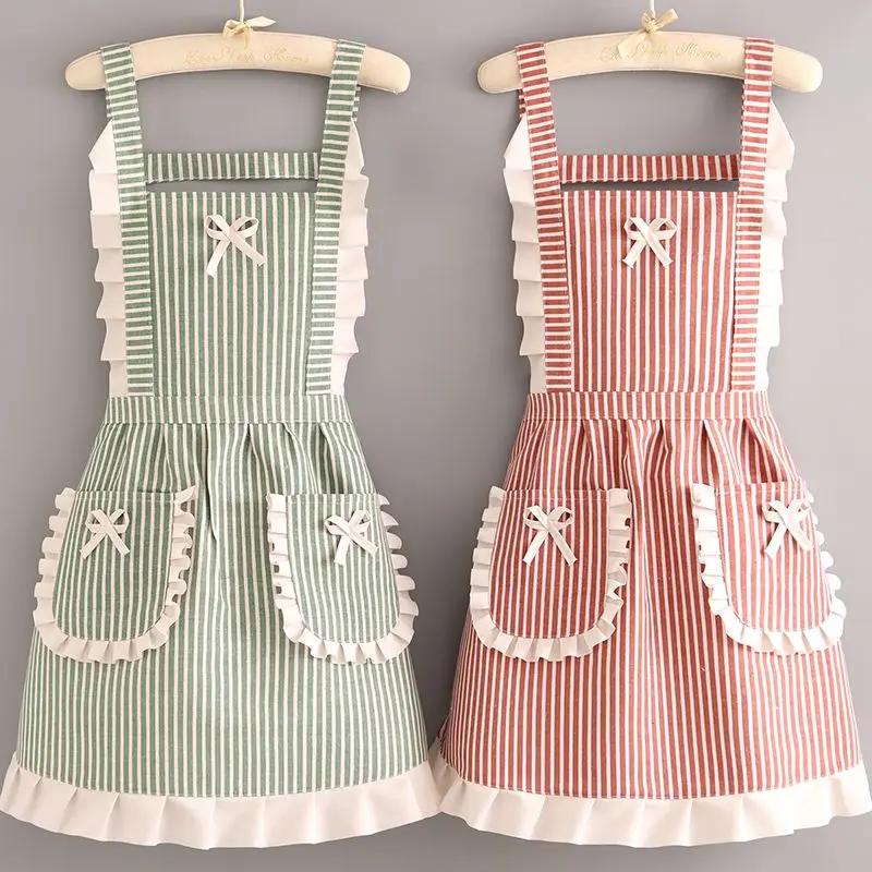 Korean version cotton and linen apron for women cute kitchen home cooking breathable apron fashionable work clothes chef apron