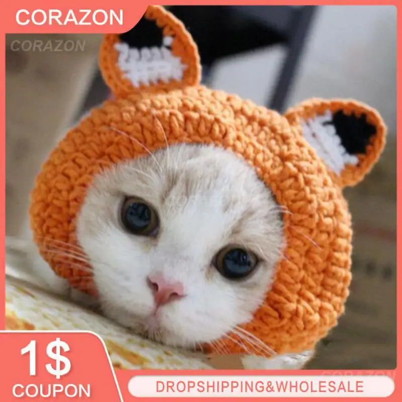 

Pet Knitted Handmade Hat for Cats Dogs Cute Frog Shape Headgear Fun Photography Pet Dogs Cosplay Head Wear Cat Supplies