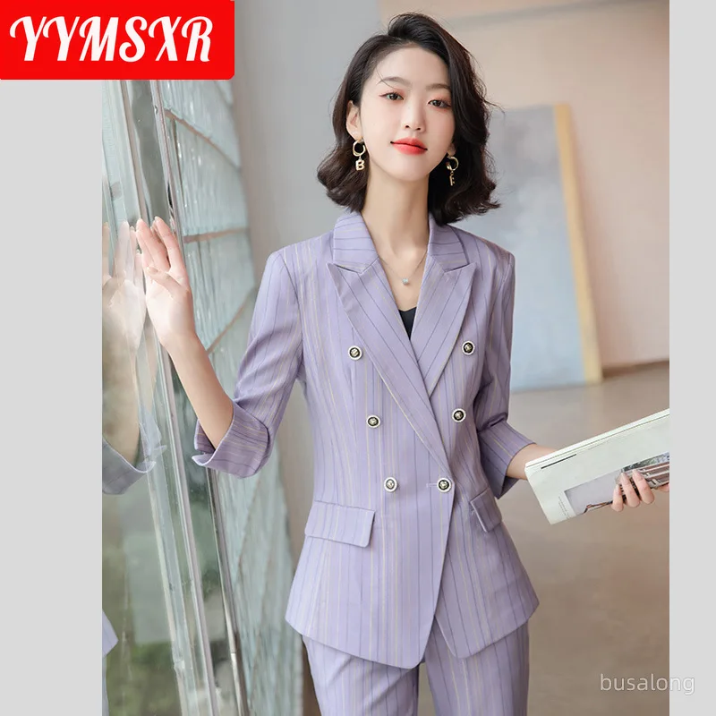 S-4XL High Quality Women's Suit Two Piece 2022 Spring Summer New Casual Striped Ladies Jacket Slim Cropped Pants