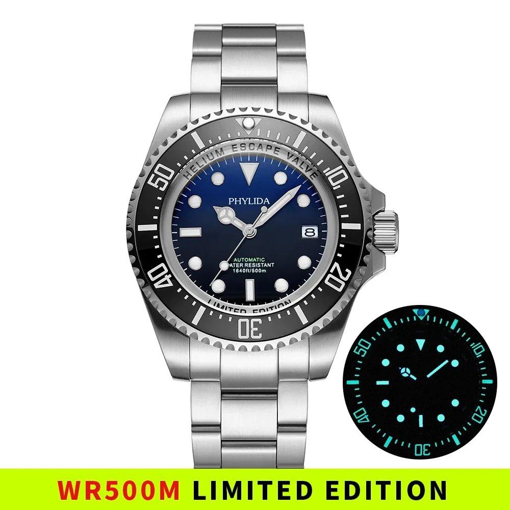 

NEW 500M 43.5mm Men's Diver Watch NH35 Automatic Sapphire Stainless Steel 50Bar Big Heavy Wristwatch Helium Escape Device