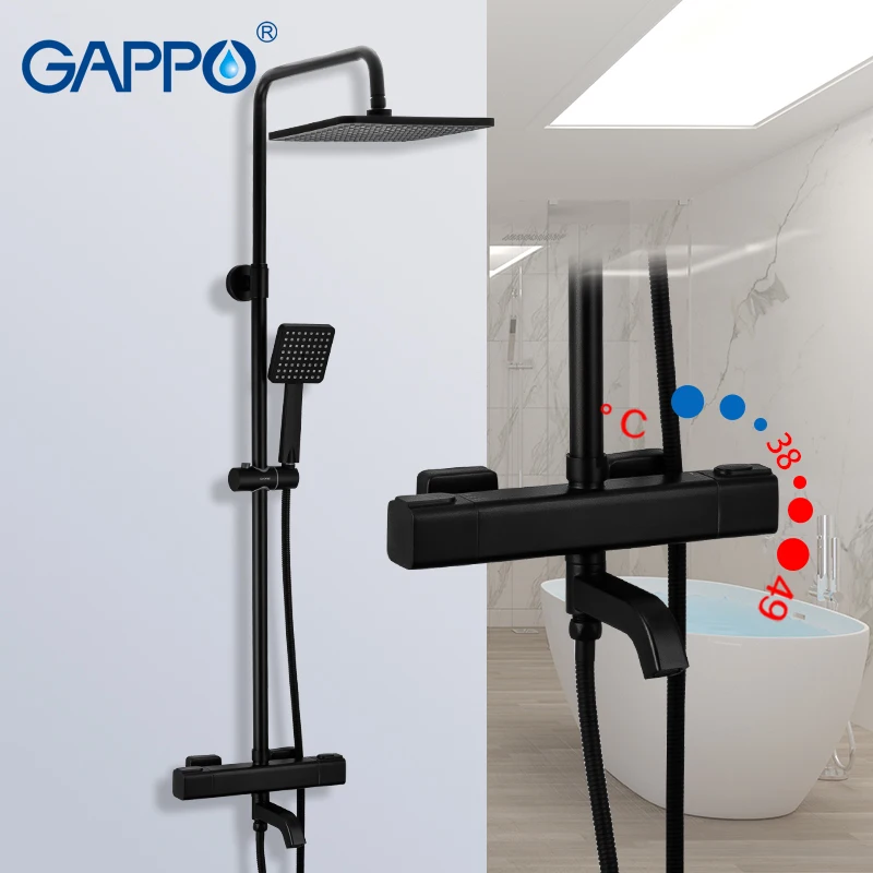 

Gappo Black Brass Shower Faucet 38° Auto-Thermostat Control Cold And Hot Water Mixer Square Rainfall Shower Faucet G2491-6