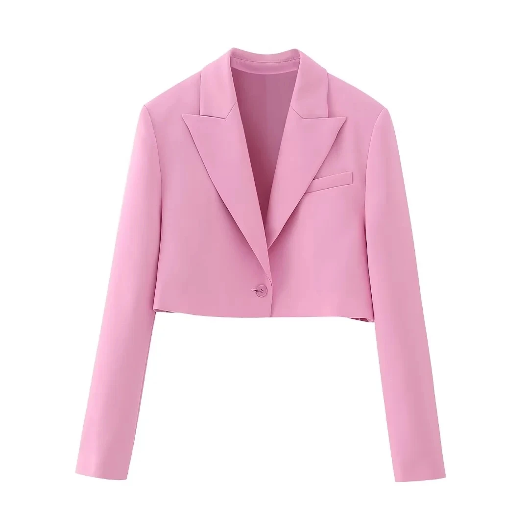 

Летний женский костюм, розовый пиджак, пальто, Женский пикантный Блейзер, костюм, однотонный укороченный Топ с длинным рукавом и юбка-бойдон...