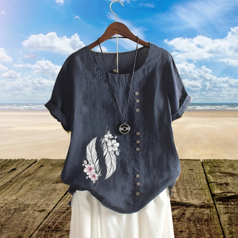 

2022 New Trendy Summer Ladies Blouse Feather Printed Loose T-Shirt Casual Linen Round Neck Solid Color Short Sleeve Tops XS-5XL