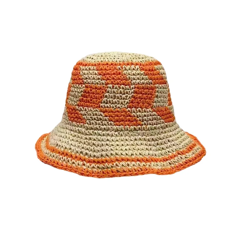 

Women Sun Summer Crochet Handmade Straw Checked Plaid BOHO Bohemian Bucket Hat Panama Ladies Fishman Cap