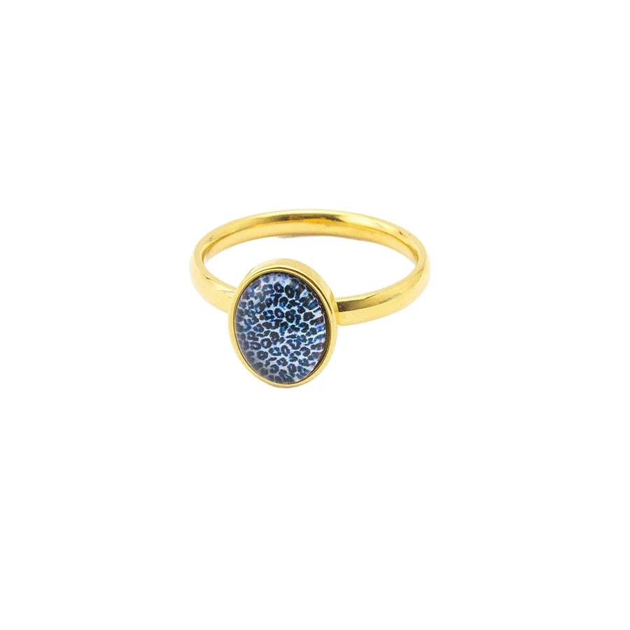 

18K Gold Plated Jewelry Blue Color Leopard Print Glass Rings Stainless Steel Wedding Band For Women Girls Items Free Shipping