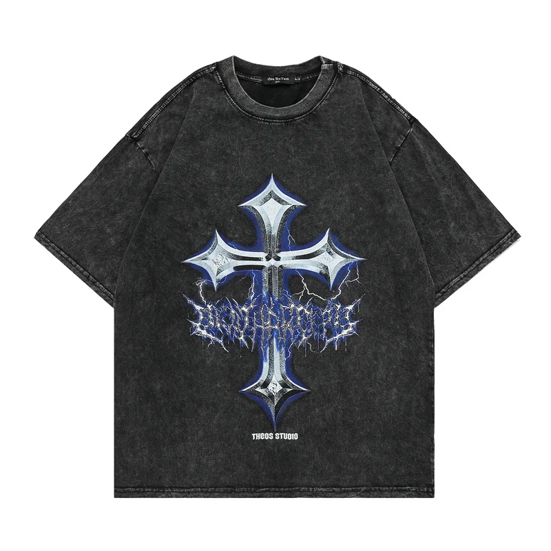

Mens Washed T-Shirt Oversized Gothic Top Cross Printed TShirt Summer Hip Hop Streetwear T Shirt Cotton Harajuku Short Sleeve Top