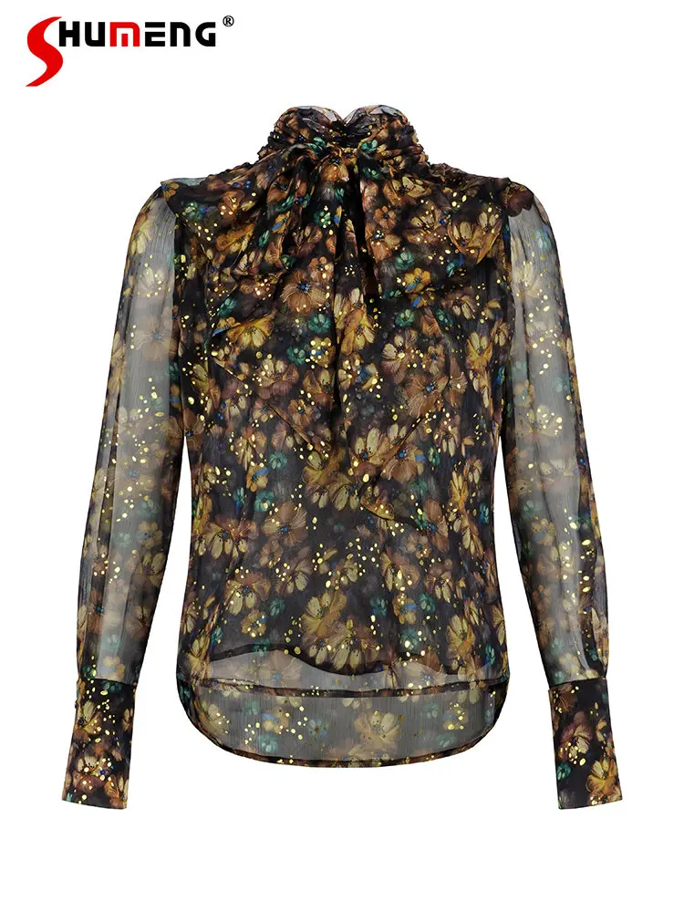 

Luxury Bronzing Floral with Lace Bow Ruffle Micro Transparent Top Ladies 2023 Spring Women Stand Collar Long Sleeve Floral Shirt