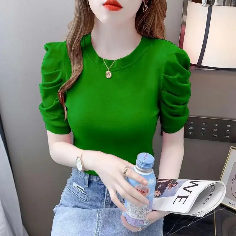 

Puff Sleeves Solid Color Short Sleeve T-shirt Women's Summer 2023 Summer New Design Sense Sweater Top Unique Temperament Top