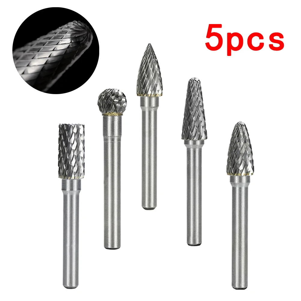 5Pcs 6x10mm Tungsten Carbide Milling Cutter Rotary Tool Burrs Rotary Drill Grinder Carving Bit Double Grain Milling Carving Bit