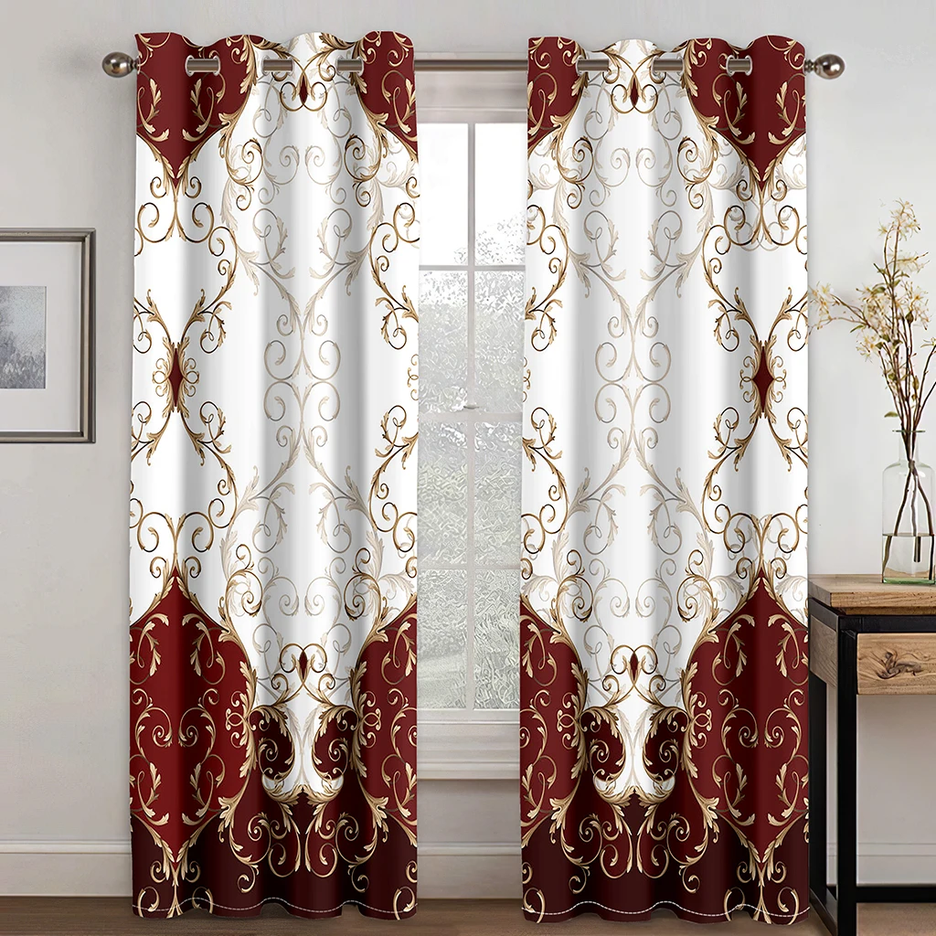 Luxury Baroque Curtains Burgundy Gold Pattern Print Drapes Vintage Palace Living Room Bedroom Decor 2 Panels Set