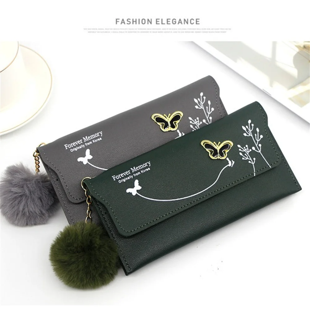 

Модный женский кошелек из искусственной кожи с клапаном, кошелек с плюшевым шариком, дизайнерские женские дорожные кошельки на молнии с баб...