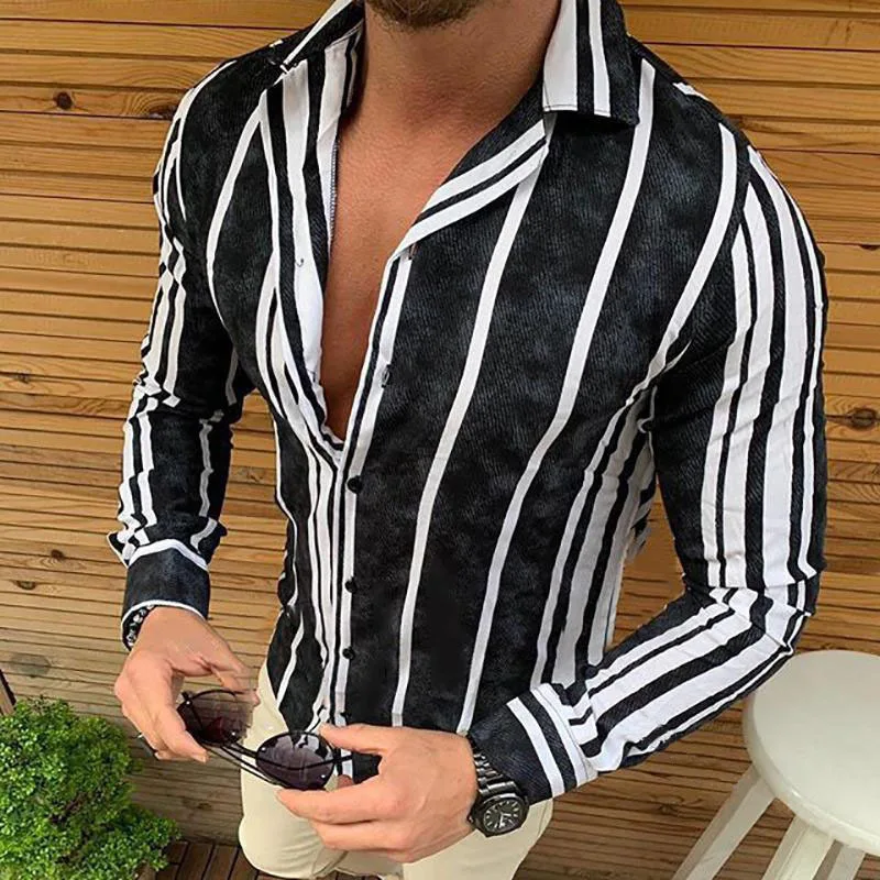 Hot Sale 2022 Spring Summer New European Size Men's Long-sleeved Shirt Striped Printed Shirt Camisas Para Hombre