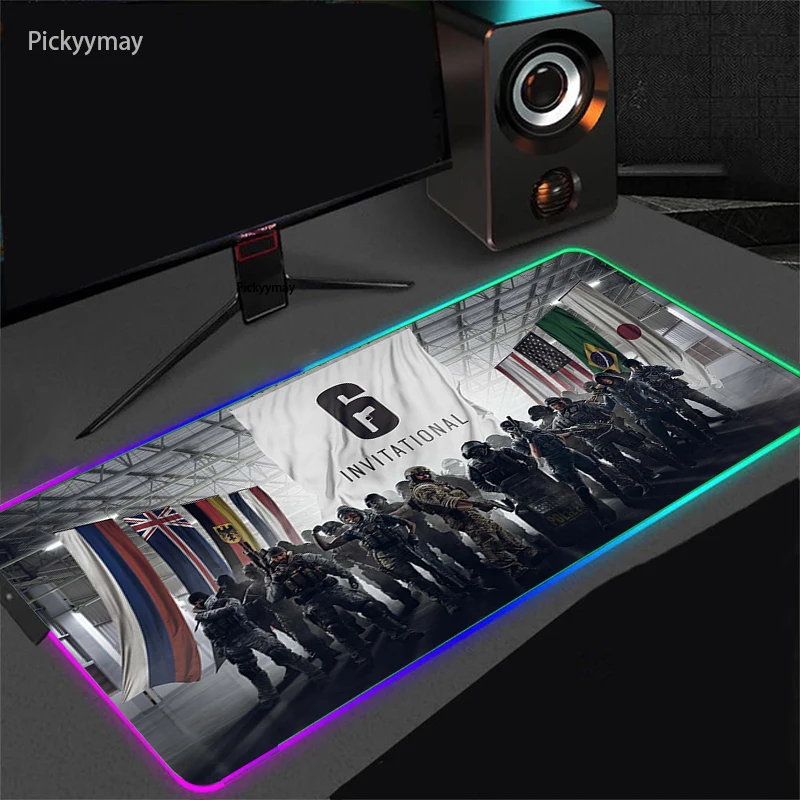 

Коврик для игровой мыши, RGB подсветка, Rainbow Six 900x400, размер XXL, Нескользящий Резиновый Коврик для компьютерной мыши, коврики для ПК, CS GO, LOL