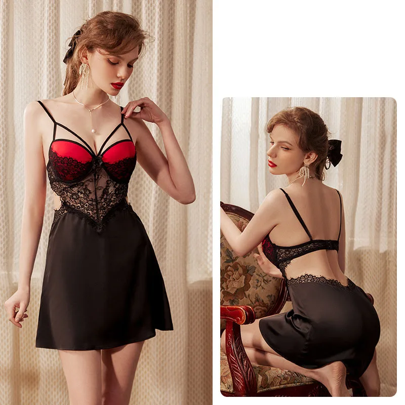 

Пикантная ночная рубашка с открытой спиной, женская пижама, бюстгальтеры пуш-ап с нагрудными подушечками, кружевное прозрачное ночное белье, бесплатная доставка, Женское ночное белье