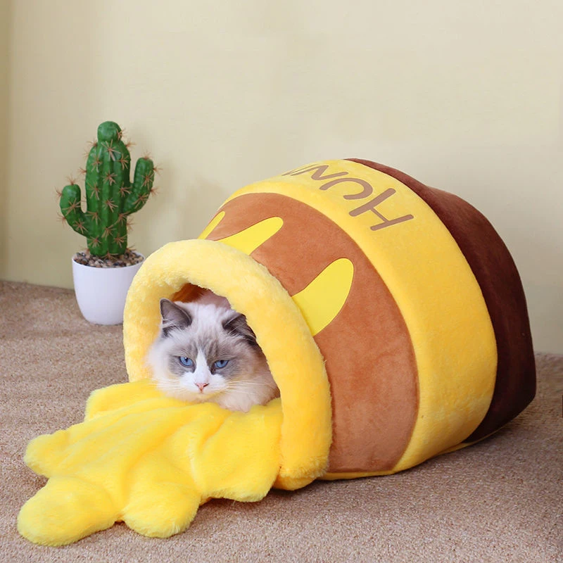 

Honey Pot Shape Cat Bed House Cute Plush Cartoon Warm Pet Nest Soft Comfortable Puppy Fossa With Inner Pad Lovely Kennel Cushion