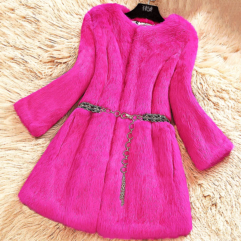 real Womens whole natural skin rabbit fur coat 2023 winter o neck slim outerwear coats long jackets large size customized