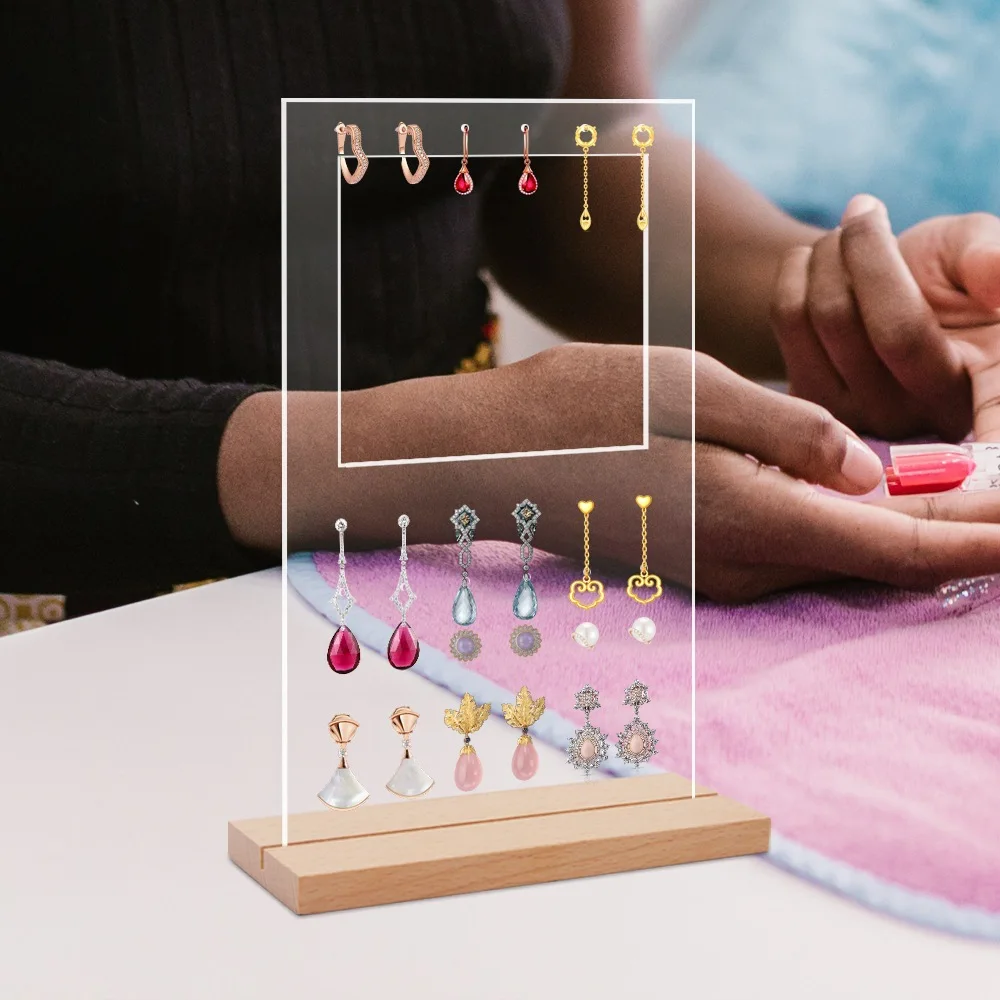 

Clear Acrylic Jewelry Watch Display Stand Earrings Storage Rack Transparent Decorative Table Ornaments With Wooden Base