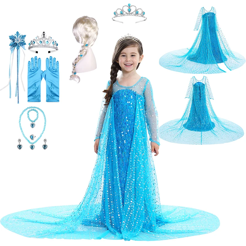 

Christmas Fantasia Girls Snow Queen Sequin Elsa Princess Long Dress With Cloak Carnival Children Backless Birthday Party Costume