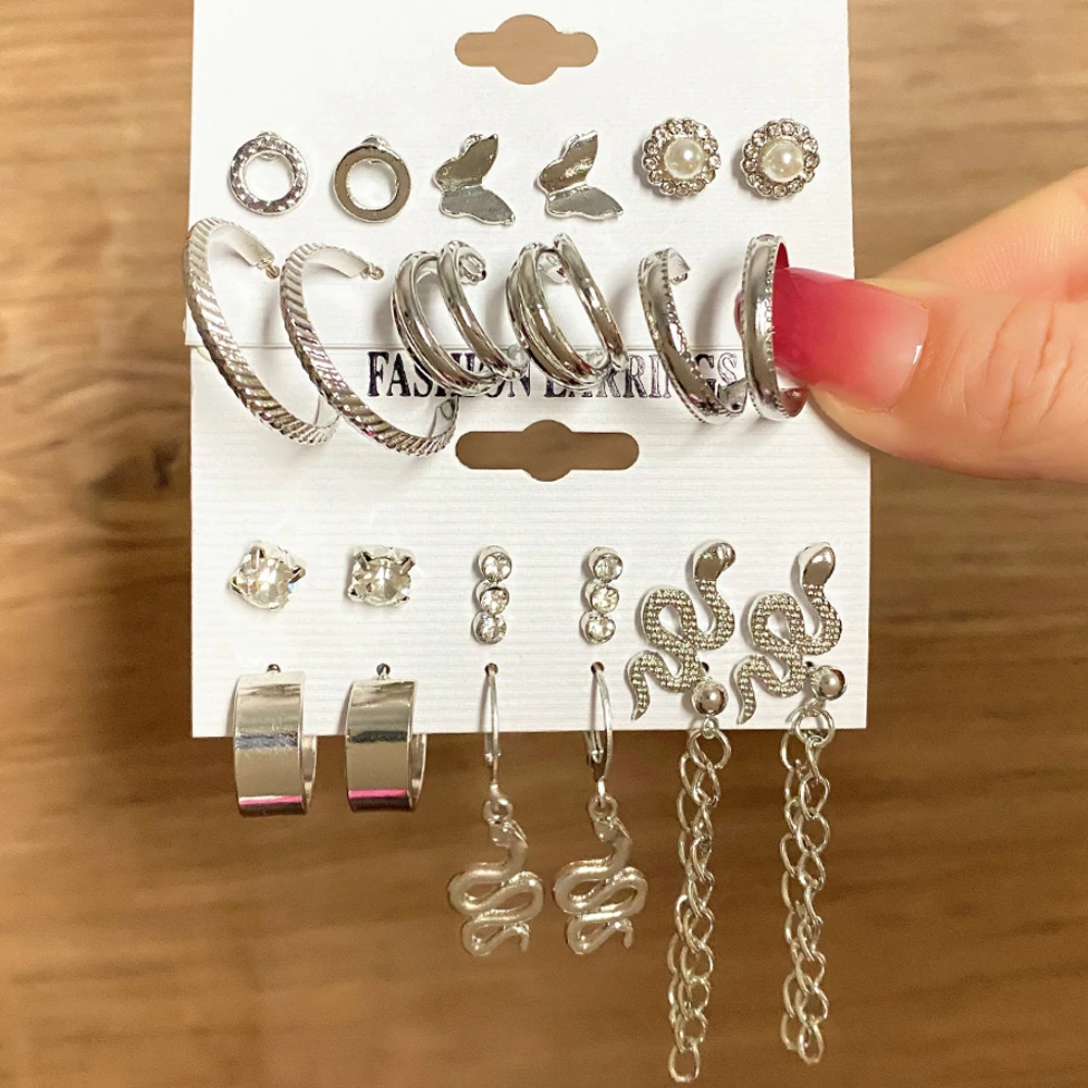 

FNIO Trendy Silver Color Snake Drop Earrings Set For Women Geometric Long Tassel Dangle Earrings Set of Earrings Jewelry