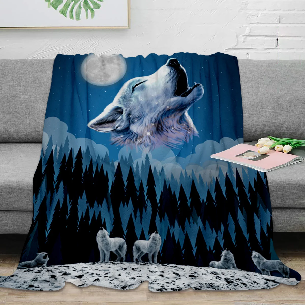 

Воющий плед из древесины с волками, луна, теплое плюшевое одеяло, портативное одеяло для путешествий, кемпинга, пикника