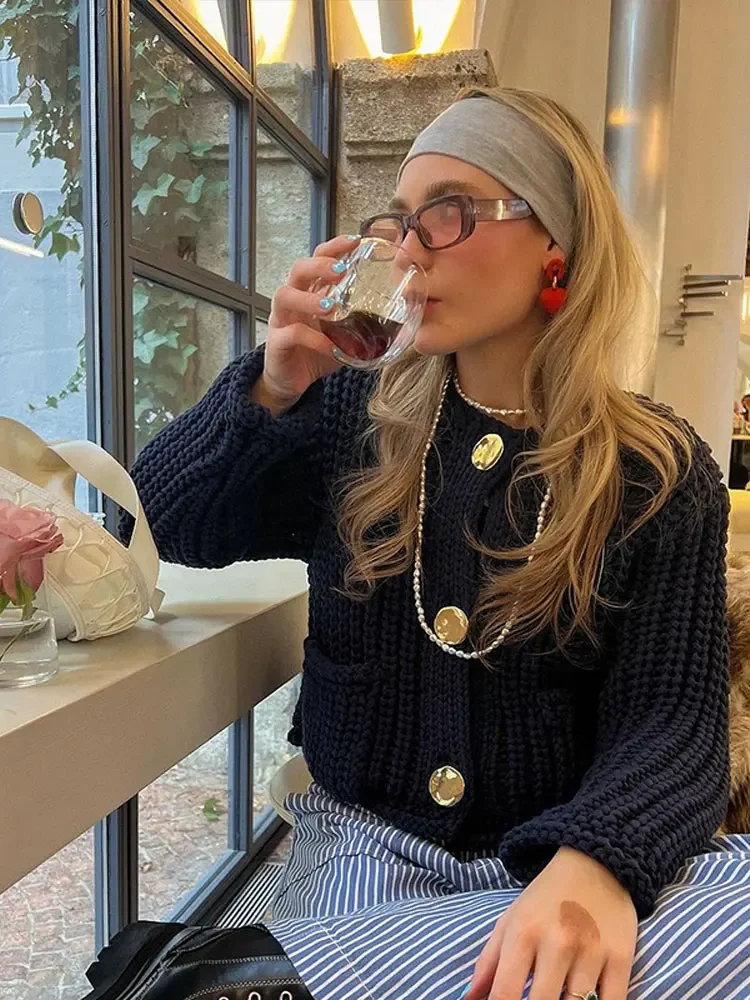 Элегантный однотонный вязаный кардиган с круглым вырезом женская мода
