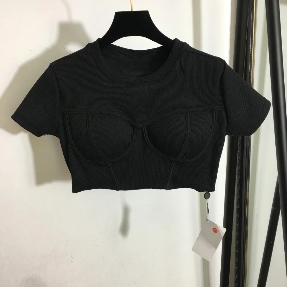 

2022 New Fashion Women Crop Tops Short Shirt Skinny Tee Knitted Midriff Wear Female Embroider Tube Top