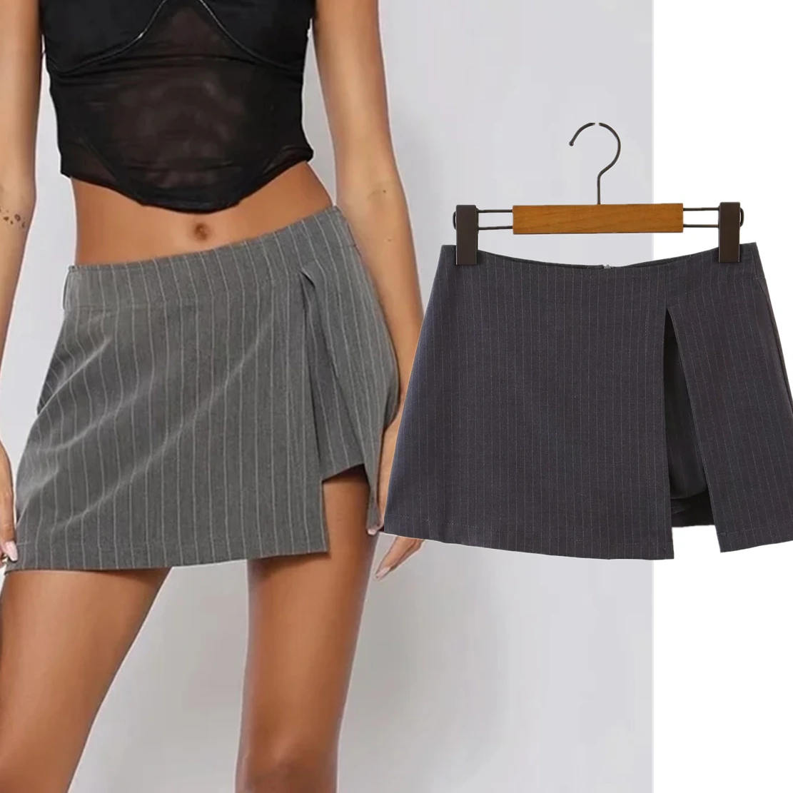 

Dave&Di England Style Ins Fashion Short Blogger Vintage Grey Striped High Wasit A-linen Culottes Women Casual Shorts Women