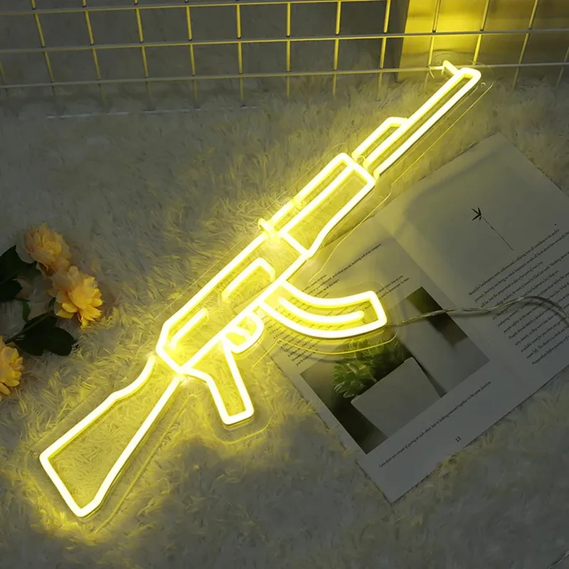 Neon Sign Light Gun Custom Led AK 47 Super Cool Hanging Art Night Lamp Game Room Shop Party Personalised Wall Decoration