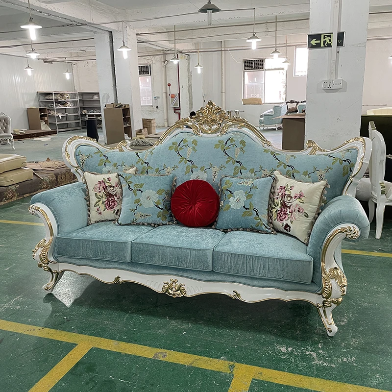 

European-style fabric sofa for three people, new classical solid wood carved living room sofa, removable and washable for home u