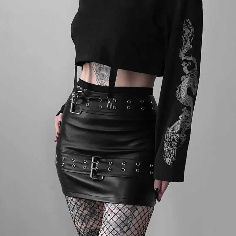 

Women Leather Skirt Gothic Super Skirt Club Mini Skirt High Waist Skirts Stylish Korean Double Belt Soft Female PU Skirt w279