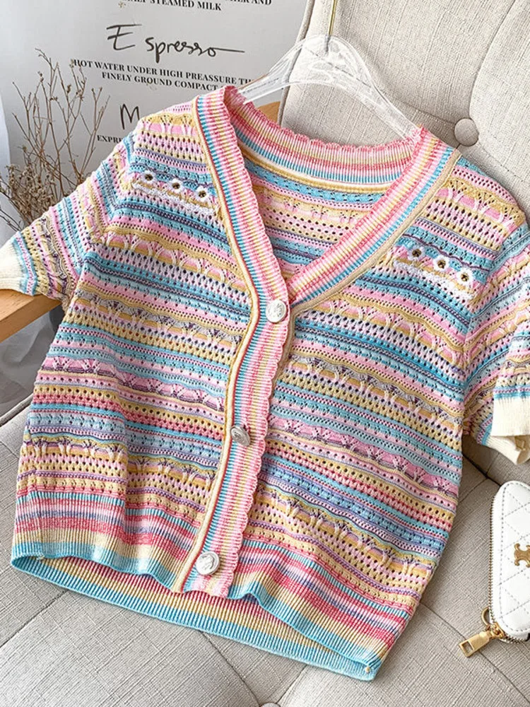

Summer Thin Color Striped Knitted Cardigan Women Vintage Jacquard Hollow V Neck Short-sleeved Cropped Sweater Chic Casual Tops