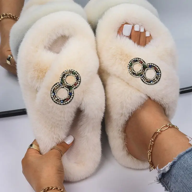 Winter Women Furry Slippers Soft Plush Faux Fur Shoes Indoor Ladies Platform Open Toe Fluffy Fur Slides House Bedroom Shoes