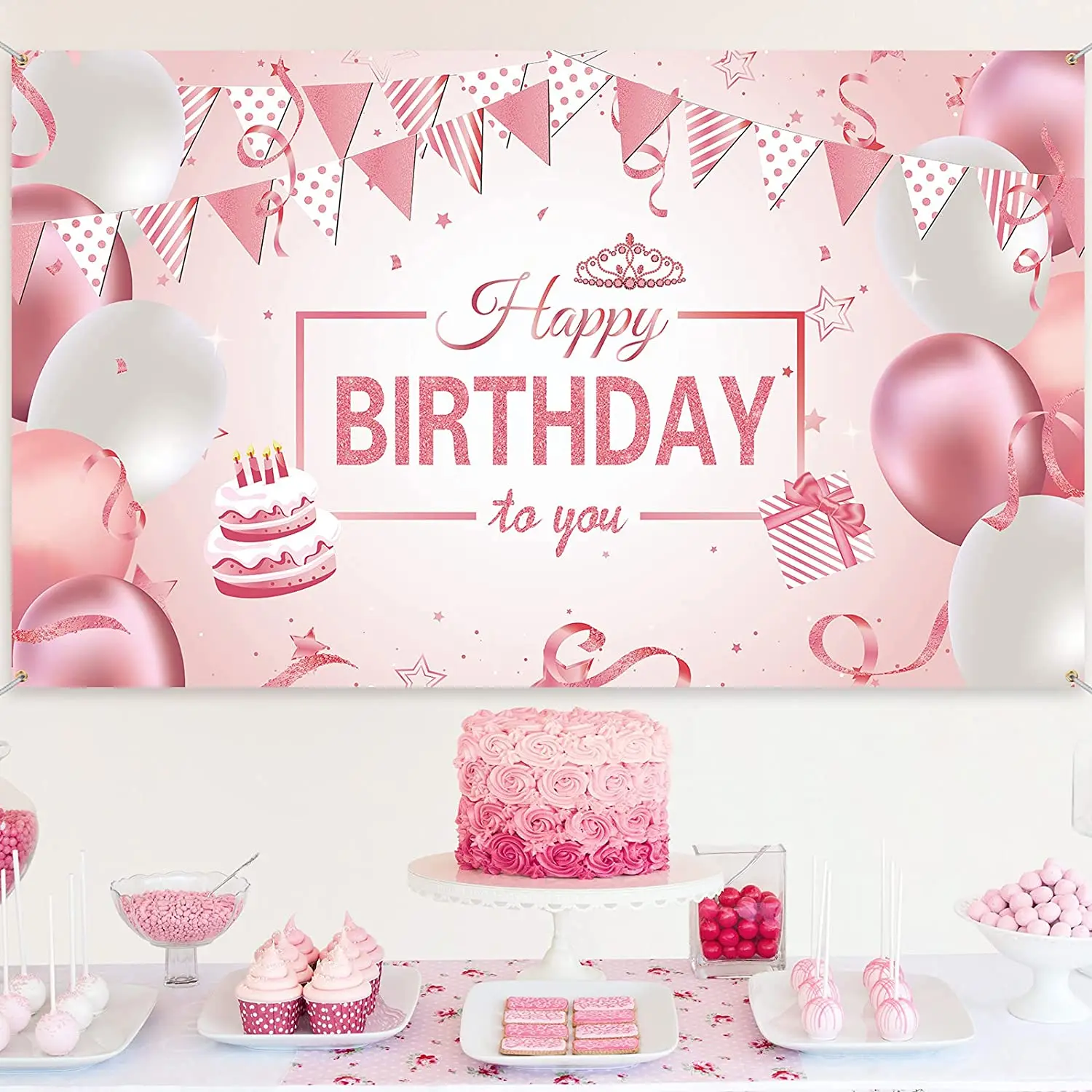 

Sweet birthday banners for girls ladies pink rose gold happy birthday party background ladies birthday party supplies