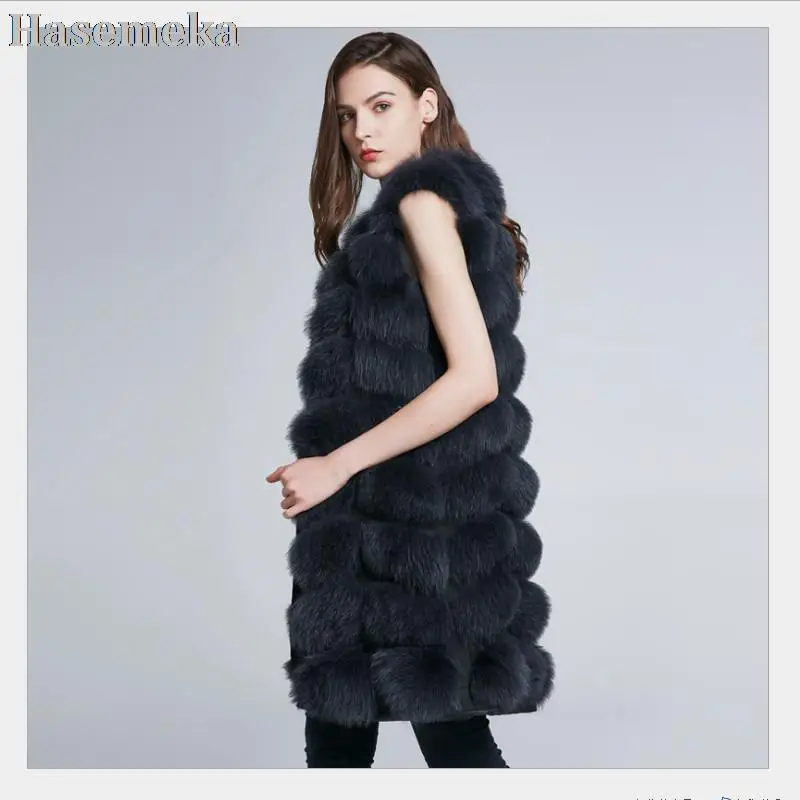 Natural Fox Fur Vest Coat 90CM Long Fur Outerwear Women Fashion Fur Jacket Slim Leather Grass Overcoat Lady Fox Vest Winter Fall