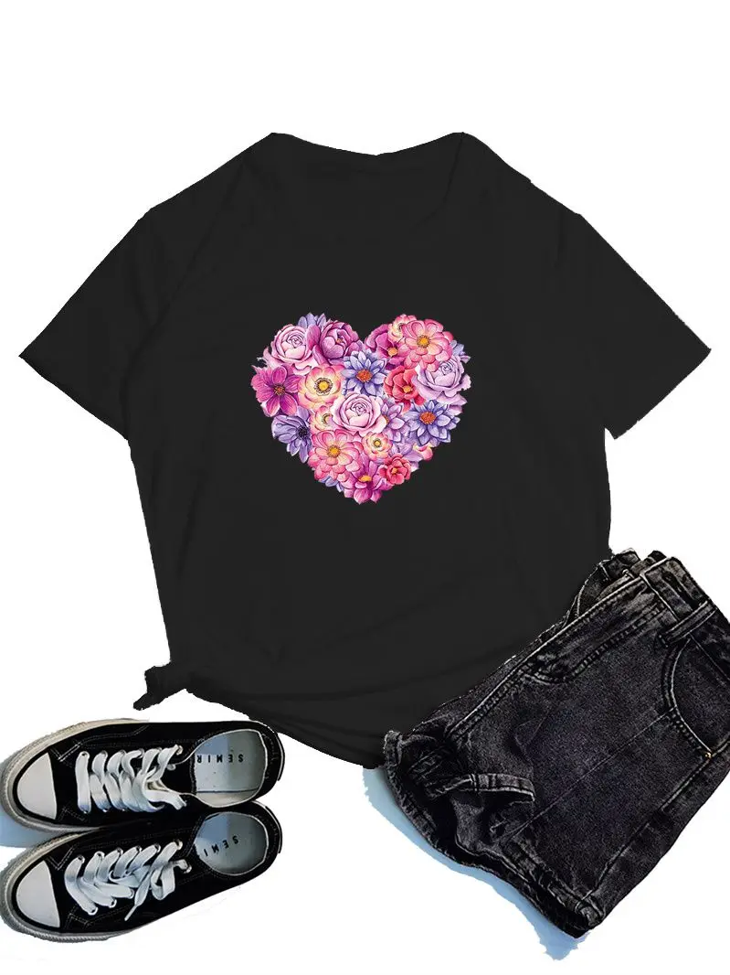 

Heart Fashion Print Ladies T-Shirt 2022 New Summer Blouse Short Sleeve Street Daily Top O Neck Y2K Clothing