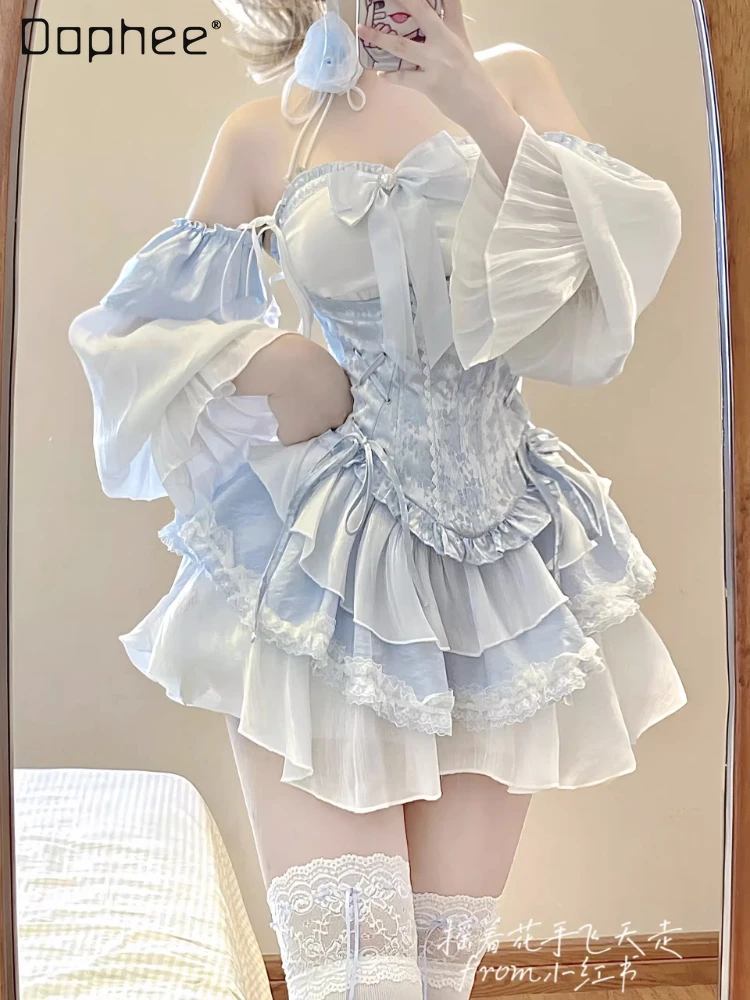 

Women's Off-Shoulder Flare Sleep Bow Ruffled Dress 2023 Spring Autumn Blue Fishbone Waist High Waist Dress Two-Piece Set Female