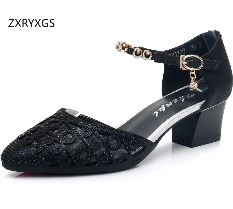Фото Модные женские сандалии ZXRYXGS из микрофибры с сеткой и стразами, коллекция Лето 2026, на среднем каблуке, большие размеры, для банкетов №1