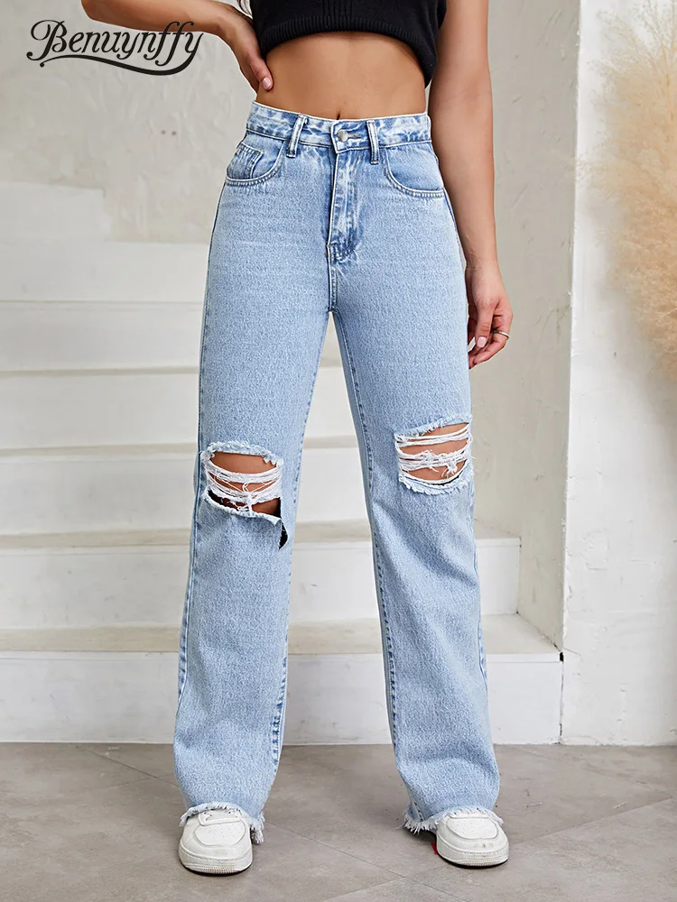 

Benuynffy High Waist Raw Hem Ripped Jeans For Women Fashion 2023 Streetwear Casual Pockets Straight Leg Baggy Mom Denim Pants