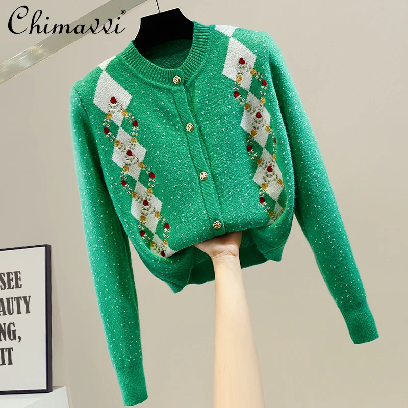 

Fashion Retro Embroidered Knitted Cardigan 2022 Spring New Diamond Short Slim Fit All-Match Round Neck Single-Breasted Sweater