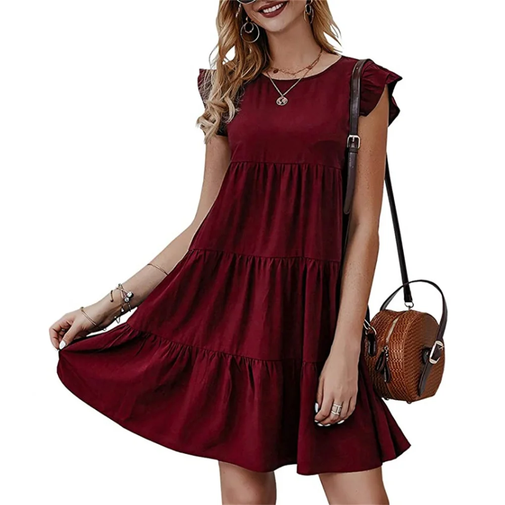 Купи 2022 Elegant Women Summer Solid Color A-Line Dress Fold Design Rufles Decor O-Neck Ruffles Short Sleeve Casual Loose Mini Dress за 600 рублей в магазине AliExpress