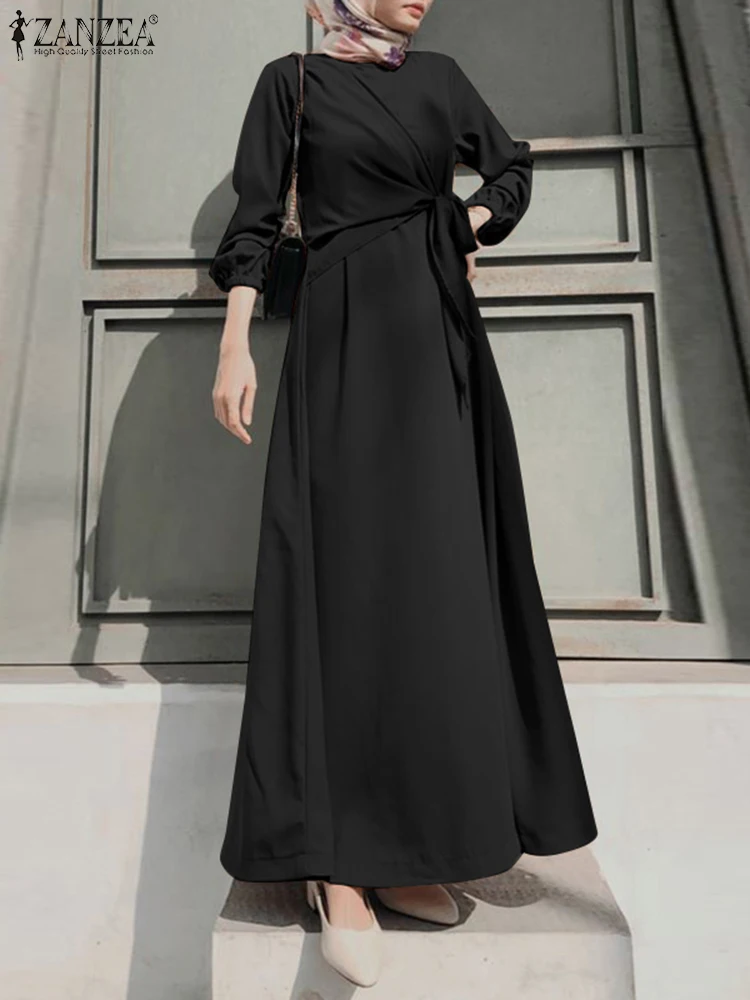 

ZANZEA Fashion Elegant Women Long Sleeve Muslim Dress Robe Femme Solid Turkey Abaya Hijab Vestido Casual Lace Up Kaftan Sundress