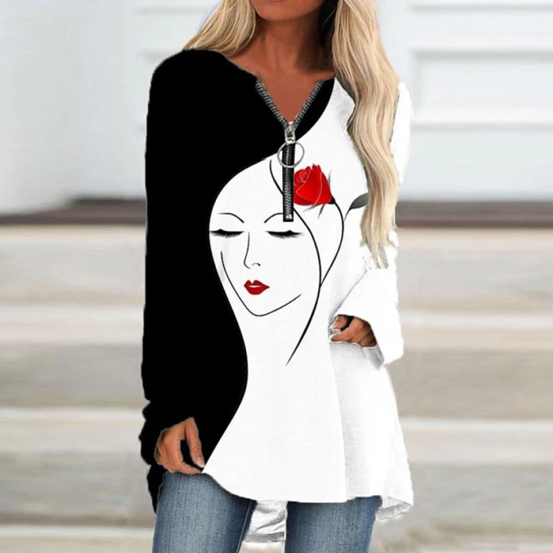 

Женская винтажная Лоскутная футболка, элегантный офисный пуловер на молнии с абстрактным принтом роз, уличная одежда с длинным рукавом, вес...